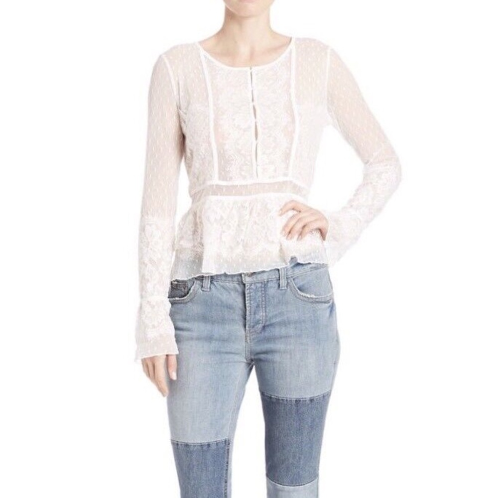 Free People Penelope Lace Swiss Dot Peplum Blouse Top White XS